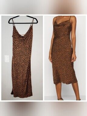 Good American Satin Cowl Neck Midi Dress Brown Cheetah Animal Print Size L (3)